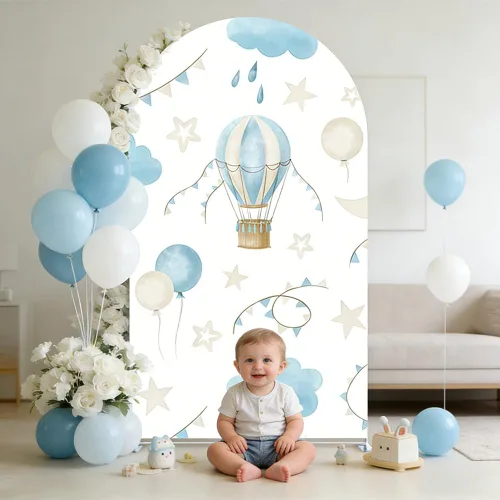 Vista 3 de FiVan Cubierta de fondo de arco de elastano, globo aerostático, cubierta de fondo azul para decoración de fiesta de cumpleaños de bebé, baby shower