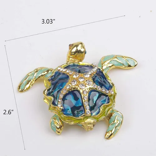 Vista 2 de Caja de joyería decorativa con bisagras en forma de tortuga marina, con figura de estrella de mar Azul-Dorado