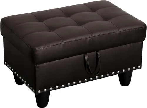 Vista 14 de Banco otomano de almacenamiento, taburete rectangular de lino de 28.5 pulgadas con ribete de cabeza de clavo, otomana tapizada para sala de estar