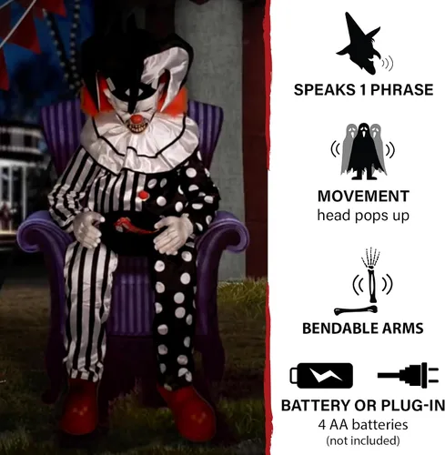 Vista 5 de Haunted Hill Farm Hartley The Sitting Scare Clown de Tekky, animatrónico de Halloween activado por movimiento para decoración de bromas de fiesta