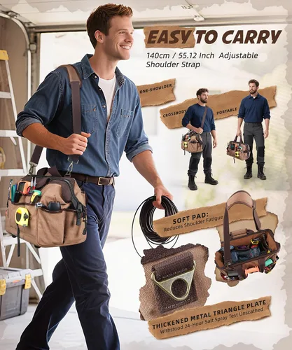 Vista 7 de ARCFOX Bolsa de herramientas portátil de 14 pulgadas para electricistas con 21 bolsillos - Bolsas de herramientas de lona resistente de 16OZ
