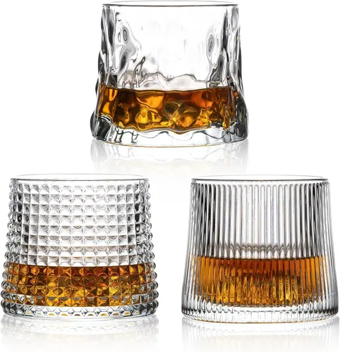 Vista 12 de Vasos de whisky - Juego de 3 vasos antiguos de 6 oz, pequeños vasos de coctel de bourbon de alcohol de whisky (rejilla de cristal)