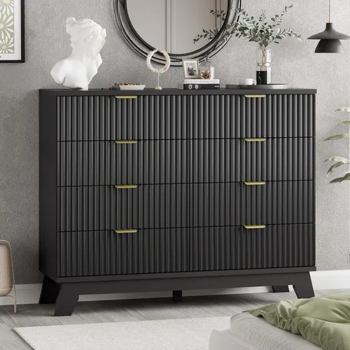 Vista 25 de Cómoda acanalada para dormitorio con 3 cajones, cómoda moderna de 24 pulgadas de ancho con mango de metal, soporte de TV de madera, armario de Negro