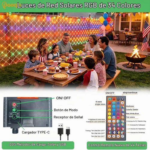Vista 3 de Pooqla 34 Colors Changing Net Lights Outdoor Solar & USB Powered, 6.5x6.5ft