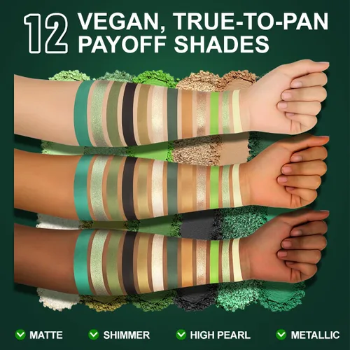 Vista 3 de Paleta de sombra de ojos verde oliva, sombra de ojos multicolor marrón y verde para ojos ahumados nudes, 12 colores brillantes pigmentados mate