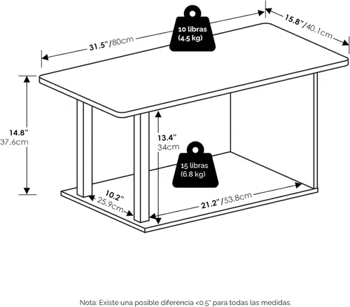 Vista 2 de Furinno Mesa de centro básica moderna de 2 niveles con estante abierto