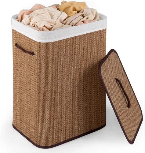 Vista 17 de Cesta de lavandería de bambú Giantex con tapa, cesta grande y alta de 72L para ropa con forro y asas extraíbles, cesta de lavandería rectangular