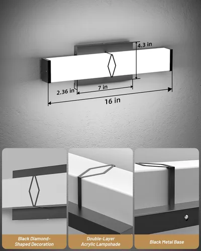 Vista 4 de Lámparas de baño sobre espejo, luces modernas de tocador de 16 pulgadas para baño, barra de luz LED regulable de 20 W, 2000 lm, accesorios de Negro