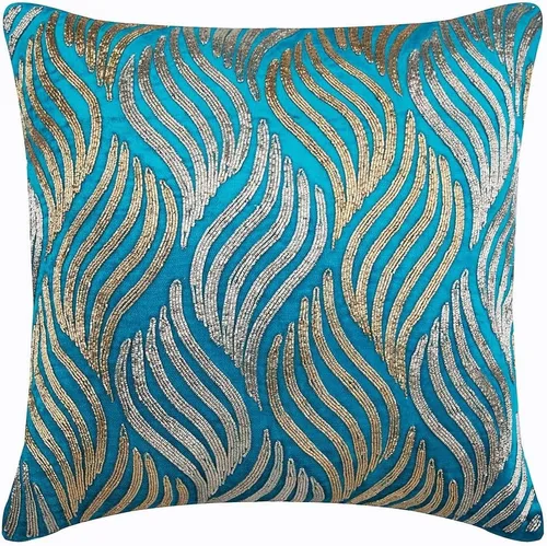 Vista 23 de The HomeCentric Funda de cojín para sofá, 12 x 12 pulgadas, funda de almohada decorativa cuadrada de lino azul claro con zardozi y cuentas bordadas
