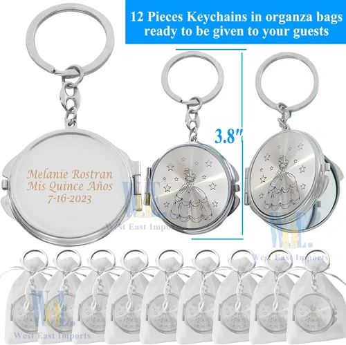Vista 2 de 12 piezas personalizadas de quinceañera recuerdo de fiesta dulce 16 espejo llavero Recuerdos de Mis XV princesa 18 cumpleaños regalo para invitados