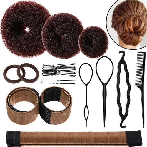 Vista 9 de WILLBOND Juego de moldeador de moño, 3 donas para el cabello, 2 marcadores de moño, 4 herramientas de cola de caballo, 10 pines y 2 bandas