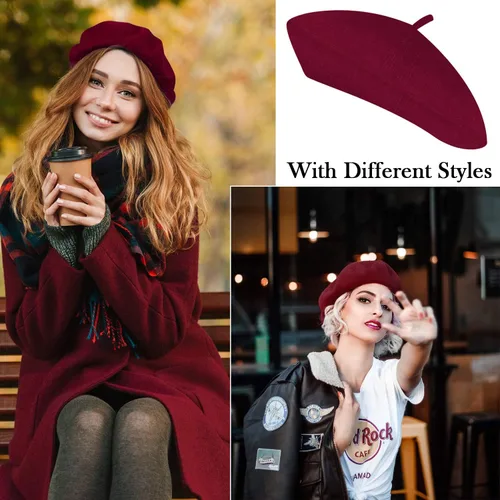 Vista 2 de Boina para mujer, boina de lana de invierno, gorro de artista francés con bufanda Skily