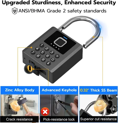 Vista 4 de Anweller Candado de huellas dactilares resistente con llave, bloqueo de almohadilla con teclado de código, resistente a la intemperie, inteligente