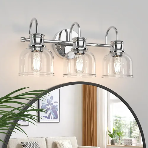 Vista 11 de Lámpara de tocador de baño de 3 luces, níquel cepillado, tradicional, clásica, con vidrio transparente, accesorios de iluminación de baño sobre