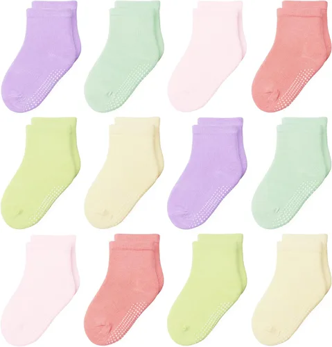 Vista 17 de 12 paquetes de calcetines antideslizantes para niños y bebés con agarre para niños de 1-7 años, calcetines de algodón de tripa para niños y niñas
