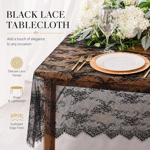 Vista 6 de DUOBAO Mantel de encaje bordado negro de 60 x 120 pulgadas, mantel rectangular resistente a las arrugas, para bodas, fiestas al aire libre y Negrura