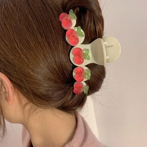 Vista 7 de Pinzas de pelo de cereza dulce para cabello fino y grueso, para mujeres y niñas, elegante y lindo clip de cangrejo de cereza, soporte para cola