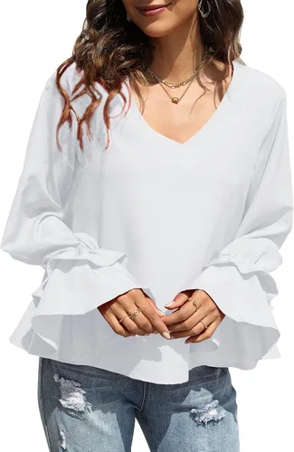 Vista 4 de LYANER Blusa casual de manga larga con cuello en V y volantes para mujer