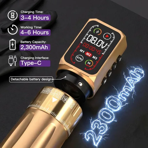 Vista 4 de Kit de pistola de tatuaje inalámbrico de agujero de gusano con batería dual Dorado (Gold 2)