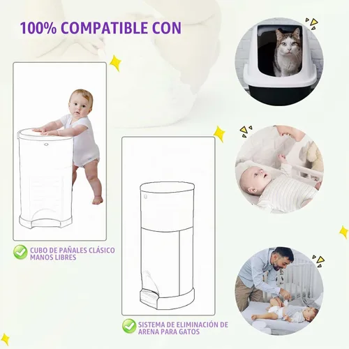 Vista 4 de Bolsas de repuesto para pañales compatibles con el cubo de pañales Dekor Classic, 30% de longitud, soporta hasta 2574 pañales, aroma a lavanda