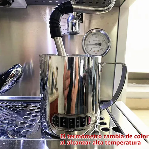 Vista 3 de Jarra de espuma de leche de 21 oz (20.3 fl oz) con termómetro integrado, jarra Latte Art de acero inoxidable, jarra de crema de temperatura expreso
