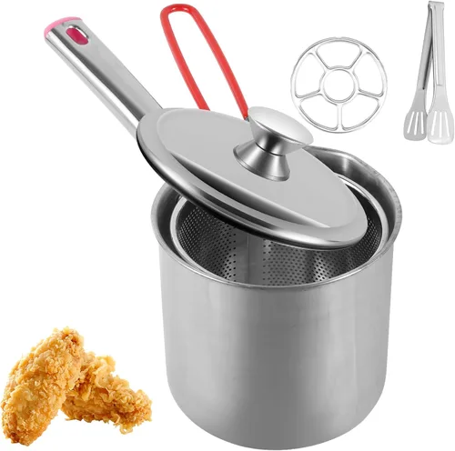 Vista 9 de Olla para freír con cesta coladora, olla de acero inoxidable con tapa y asa, mini freidora de aceite de 1.8 litros, freidora portátil, freidora
