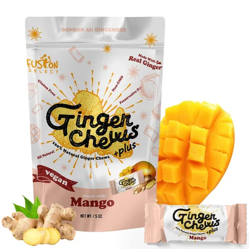 Vista 17 de Fusion Select Ginger Chews - Delicias dulces y confitadas suaves de Indonesia - Promueven el alivio de las náuseas matutinas, malestar estomacal