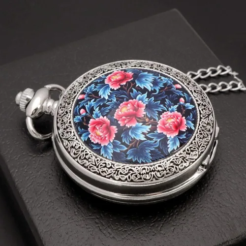 Vista 3 de VIGOROSO Cuarzo Hermoso Peony Bird Esmalte Pintura Steampunk Relojes de bolsillo de plata en caja