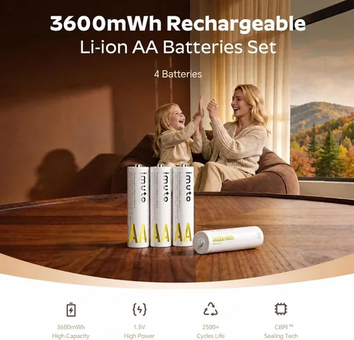 Vista 2 de imuto Baterías recargables AA, baterías de litio de 3600 mWh AA, paquete de 4, salida de 1.5 V 2 A, doble batería, vida útil de más de 1600 ciclos