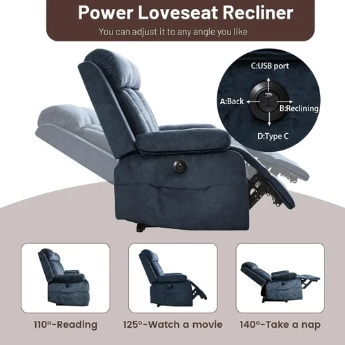 Vista 4 de Sofá reclinable de terciopelo, sofá biplaza reclinable doble con calor y masaje, sofá reclinable de pared con USB y tipo C, sofá reclinable