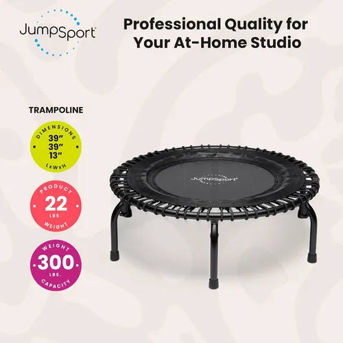 Vista 2 de JumpSport 350 PRO - Trampolín de fitness resistente para interiores, 39 pulgadas, 36 cordones elásticos EnduroLast de alta calidad, rebote