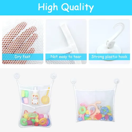 Vista 4 de 2 bolsas de malla para juguetes de bañera, organizador de juguetes de baño de 18 x 14 pulgadas, 4 ganchos ultra fuertes, color blanco