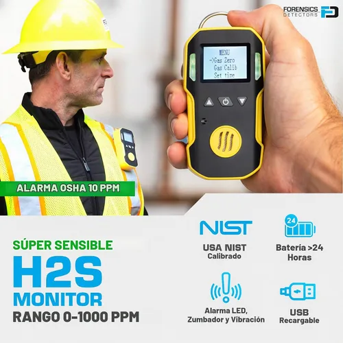 Vista 2 de Monitor H2S de Forensics Calibración y certificado NIST de EE. UU. A prueba de polvo y explosiones Recarga USB Alarmas de sonido, luz