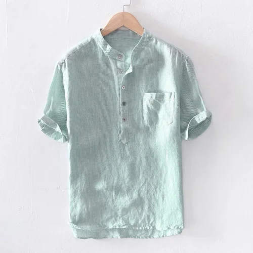 Vista 2 de Camiseta de manga corta de algodón y lino para hombre, de verano, con botones de 34 y manga corta, informal, ajuste relajado