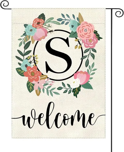 Vista 31 de Bandera de jardín con letra monograma, floral, 12 x 18 pulgadas, doble cara para exterior, pequeña de arpillera, familia, apellido, bandera inicial