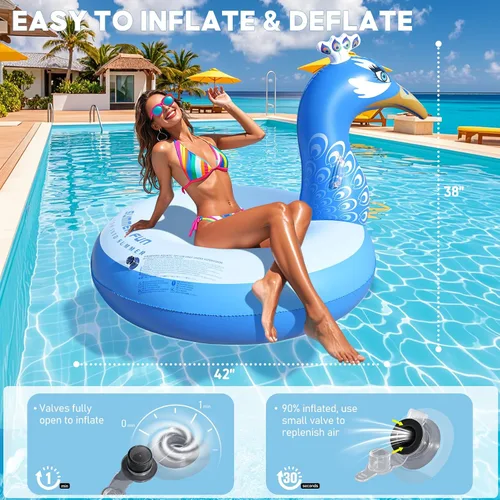 Vista 3 de DeeprBetter Flotador inflable de pavo real para piscina, flotadores inflables de piscina, flotadores de piscina de animales grandes para adultos