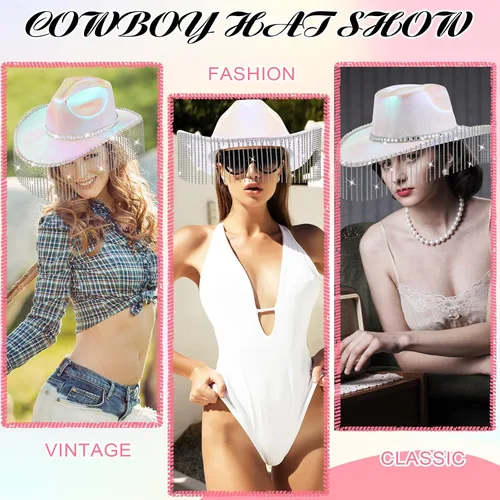 Vista 5 de Toulite Sombrero de vaquero con purpurina de diamantes de imitación occidentales para mujer, sombrero de vaquera con lentejuelas brillantes