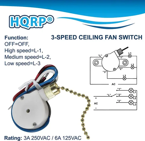 Vista 3 de HQRP Westinghouse - Interruptor de 3 velocidades de 4 cables compatible con Hunter, Hampton Bay, Harbor Breeze, interruptor de cadena de tracción