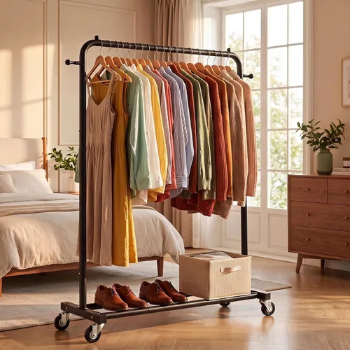 Vista 4 de Sywhitta - Perchero de ropa con ruedas y estante de almacenamiento y marco de metal resistente, perchero de ropa minorista para colgar ropa