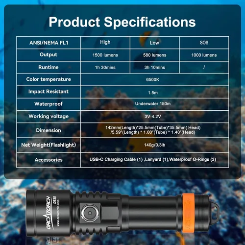 Vista 7 de ORCATORCH D530 - Luz de buceo de 1500 lúmenes con luz blanca fría de 6500 K