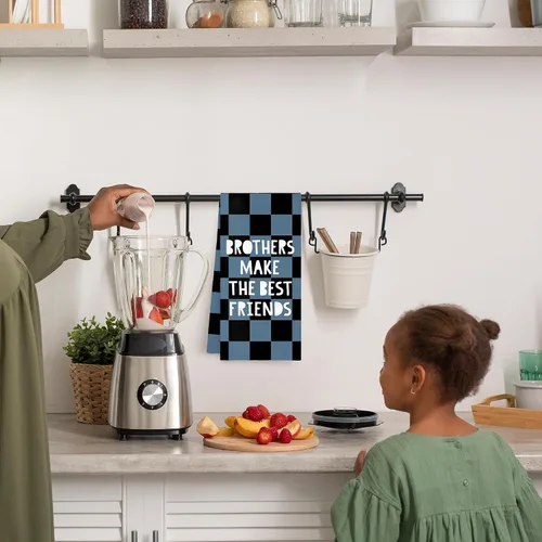 Vista 3 de Toallas de mano para niños, toallas de mano a cuadros azules y negros para el baño de los niños pequeños, Brothers Make The Best Friends, toallas