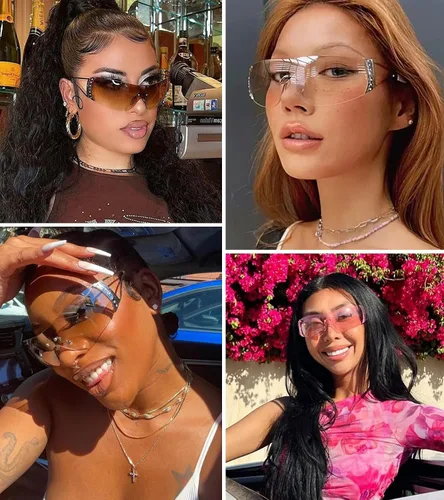 Vista 2 de NULOOQ Gafas de sol envolventes Y2K para mujeres y hombres, gafas de sol futuristas sexys sin marco, escudo de estrellas planas