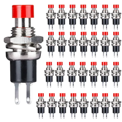 Vista 9 de Clyxgs Interruptor de botón momentáneo, SPST Interruptor NC cerrado normal de 2 pines Mini Micro 1A 250V AC Negro+Tapa Roja 30 PCS