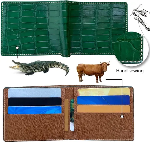 Vista 2 de HATA Cartera plegable de cocodrilo para hombre, hecha a mano para vientre o bocina con bloqueo RFID por vietnamita, Costuras dobles verde-cocodrilo