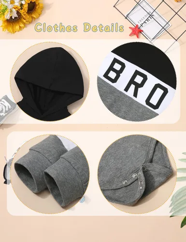 Vista 5 de Ropa de bebé niño de manga larga, sudadera con capucha con estampado de letras + pantalones de retazos, 2 piezas, trajes de otoño e invierno
