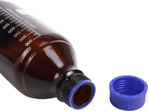 Vista 4 de Botellas ámbar de almacenamiento de medios de laboratorio, contenedor de vidrio graduado marrón GL45, tapa de rosca a prueba de fugas, multiusos Azul