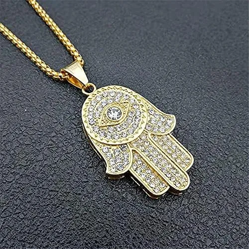 Vista 5 de Turkish Evil Eye Hand of Fatima Pendant Necklace Gold Color Stainless Steel Iced Out Chains For Women Men Hip Hop Jewelry