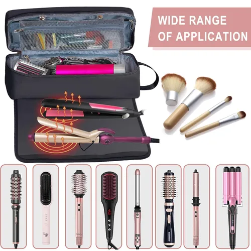 Vista 5 de Bolsa de Viaje para Herramientas de Cabello con Alfombrilla Resistente al Calor Estuche de Almacenamiento de Accesorios de Peinado para Secador