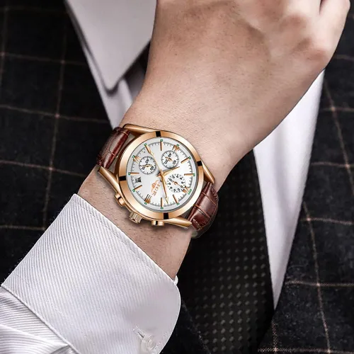 Vista 2 de LIGE Reloj analógico de cuero para hombre, reloj de pulsera de cuarzo, para citas, negocios, casual, impermeable, reloj deportivo, color negro