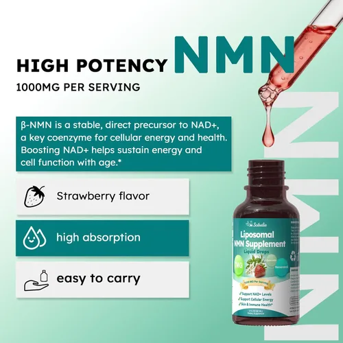 Vista 2 de Suplemento NMN Gotas líquidas, 4 en 1 NMN Beta 1000 mg con Quercetina TMG Resveratrol para energía antienvejecimiento y apoyo inmunológico, NMNH